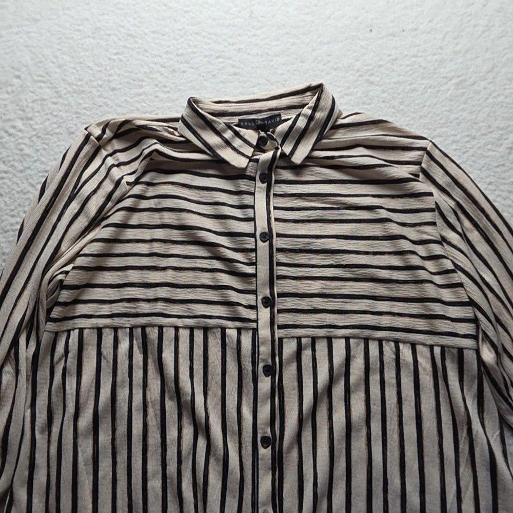 Fred David Shirt Womens 2X Plus Beige Black Stripe Button Up Tunic Top Casual